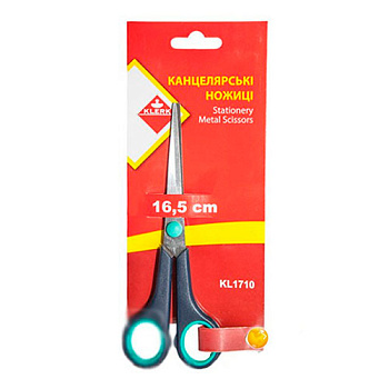 Ножиці канц. металічні 16.5см, чор.пласт.ручки з гум.вст., карт. упак.+європідв., арт. KL1710, KLERK