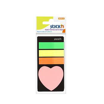 Закладки с лип.сл.21477+Блок бум.клейк.фигурн.44 * 44мм 20л"Сердце"неон STICK'N