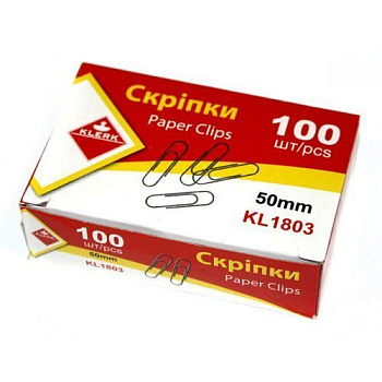 Скріпки канц. нікельовані, 50мм (100шт), закругл., карт.кор., арт. KL1803, KLERK