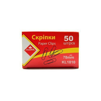Скріпки канц. нікельовані; 78мм; (50шт у пач.); закругл.; карт.кор.; арт. KL1810; KLERK